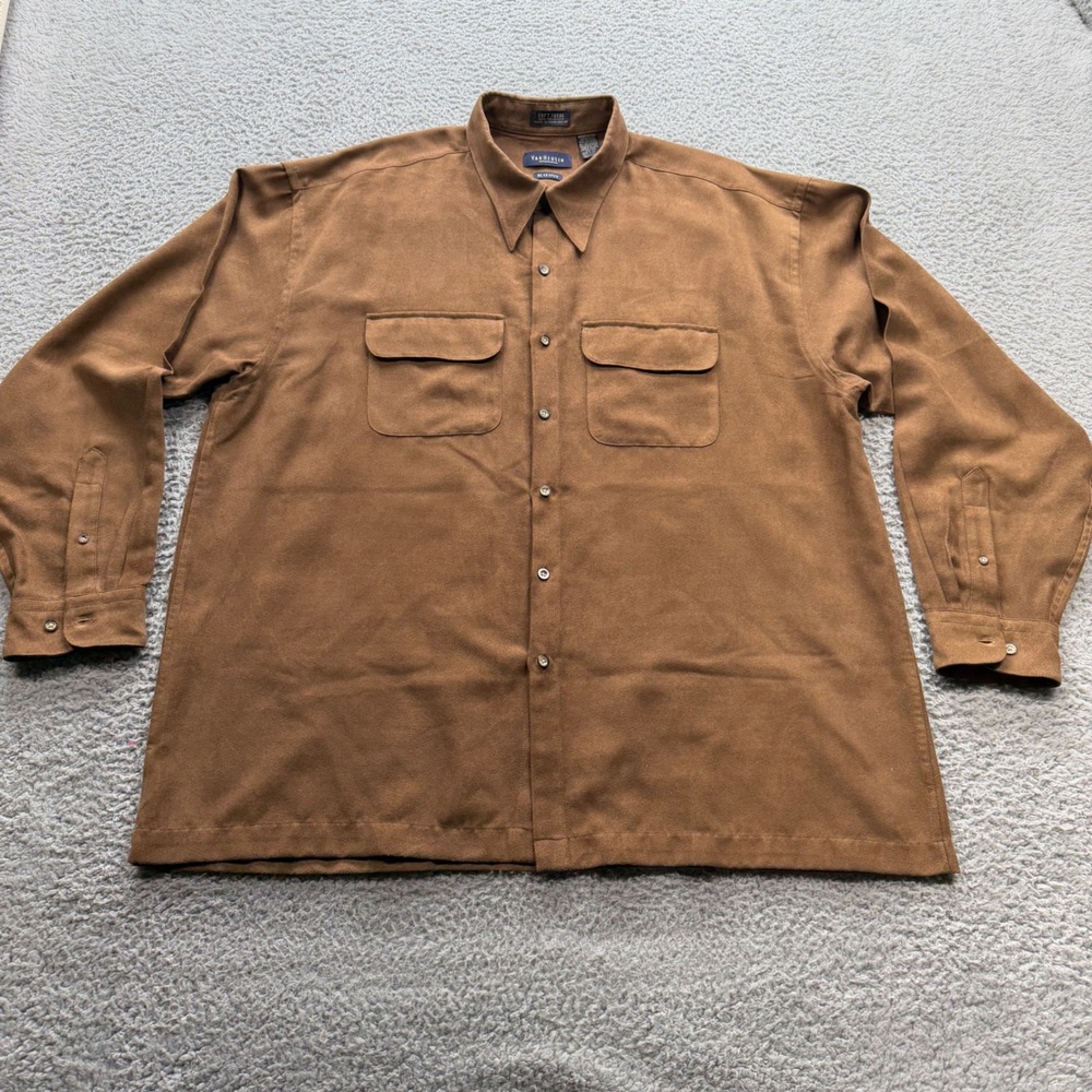 Van Heusen Button Down Mens XL Brown Soft Suede Faux Leather Shirt